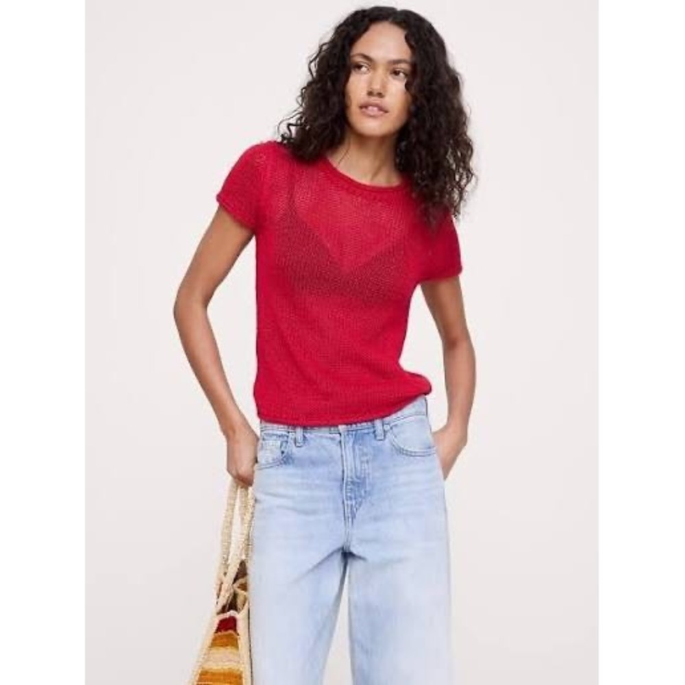 Banana republic HEIRLOOM LINEN SWEATER TEE in red sze small rollneck